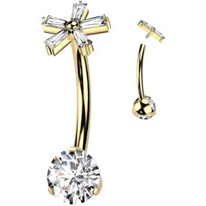 Intern Geschroefde Titanium Navelpiercing met Bloem Top van 5 Baguette Geslepen Steentjes - Goud