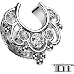 Double Flared Tunnel met Bloemen Filigraan en Steentjes - Zilver - 10 mm