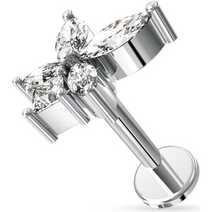 Intern Geschroefde Labret met Vlinder top met Steentjes - Zilver