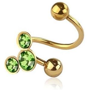 Gouden Twister Piercing met Trio van Bezel Kristallen - 10 mm - 4 mm - Groen