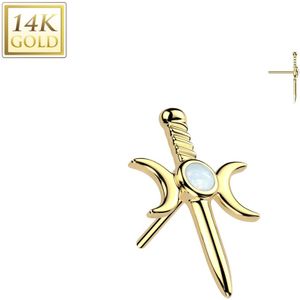 14k. Goud Threadless Top with Crescent Moon Dagger and CentRood Opal Stone - Goud