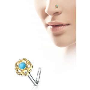 Neus stud met bloem filigraan en turquoise steen - goud
