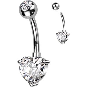 Navelpiercing van Titanium met groot Hartvormig Kristal - Zilver - Helder