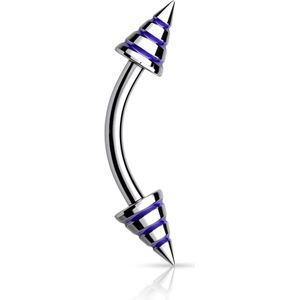 Gebogen Barbell met Spikes voorzien van gekleurde lijnen - Blauw