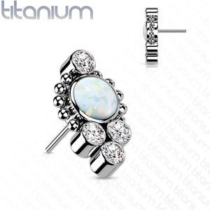 Massief Titanium Threadless Top met Gekleurde (Opaal) Steentjes en Kralen - Zilver - Opaal Wit