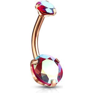 Intern geschroefde navelpiercing met prong set aurora borealis kristallen - Rosé Goud - Rood / Regenboog