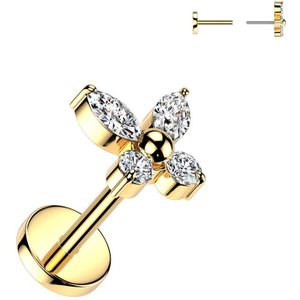 Threadless Titanium Labret met Vlinder Top en Kristallen Vleugels - Goud