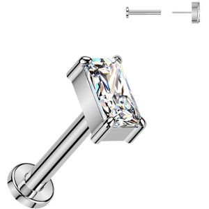 Threadless Titanium Labret met Rechthoekig Steentje - Zilver - 1.2 mm - Helder