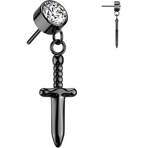 Threadless Titanium Top met Rond Steentje hangend Dolkje - Zwart