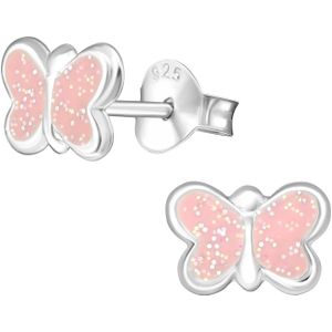 Zilveren oor studs voor kids met roze glitter vlinder