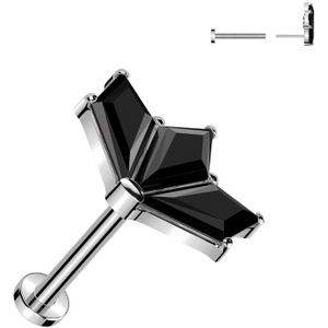 Threadless Titanium Labret met Waaier Top van 3 Kite Geslepen Steentjes - Zwart