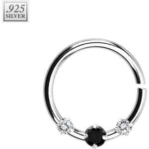 Piercing ring met 1 gekleurde en 2 heldere prong set kristallen – Zwart