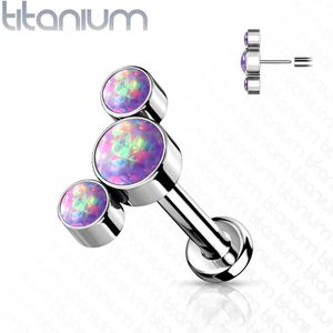 Threadless Titanium Labret met Drie Opaalsteentjes - 1.2 mm - Paars