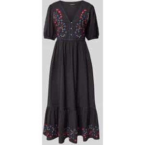 Midi-jurk van een mix van katoen en linnen met V-hals