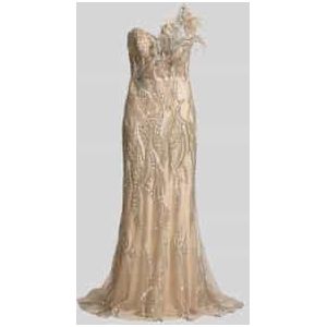 Avondjurk met one shoulder-band en veren