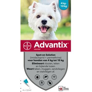 Advantix Spot On 100 Anti Vlooien en Teken Druppels Hond 4 - 10 kg 4 pipetten