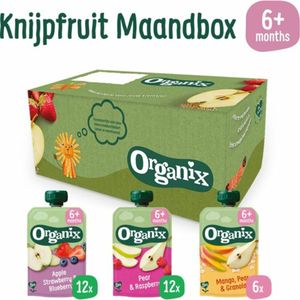 Organix Knijpfruit Maandbox 6+ mnd - Appel Aardbei & Blauwe Bes 12 x 100 gr + Peer & Framboos 12 x 100 gr + Mango Peer & Granola 6 x 100 gr Pakket