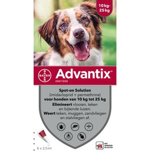 Advantix Spot On 250 Anti Vlooien en Teken Druppels Hond 10 - 25 kg 6 pipetten