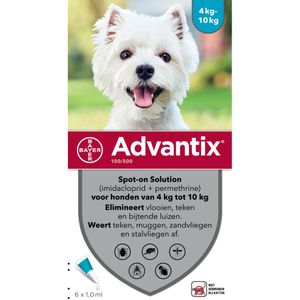 Advantix Spot On 100 Anti Vlooien en Teken Druppels Hond 4 - 10 kg 6 pipetten
