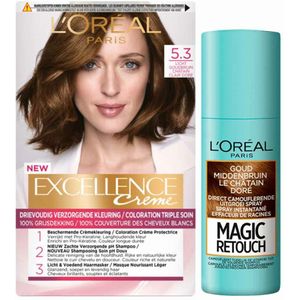 L'Oréal Excellence Creme Haarverf 5.3 Licht Goudbruin + Magic Retouch Uitgroeispray Goud Middenbruin 75 ml Pakket