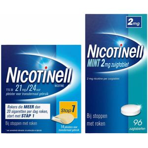 Nicotinell Combinatie therapie: Pleister 21 mg 14 st + Kauwgom Cool Mint 2 mg 96 st Pakket