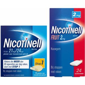 Nicotinell Combinatie therapie: Pleister 21 mg 14 st + Kauwgom Fruit 2mg 24 st Pakket