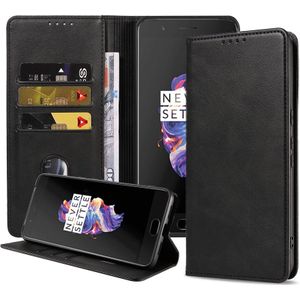 Telefoonhoesje geschikt voor OnePlus 5
 kunstleren Hoesje met Magnetische sluiting en Pasjeshouders Book Case met
 Klepje - Zwart