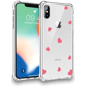 Telefoonhoesje geschikt voor iPhone X/Xs
 met stootrand siliconen flexibel met roze rondvliegende hartjes - Silicone
 case for iPhone X/Xs - Transparant