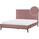 Tweepersoonsbed roze fluweel gestoffeerd bedframe 160 x 200 cm honinggraat hoofdbord modern ontwerp