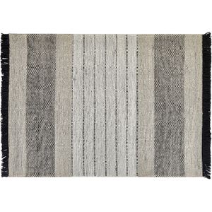 Vloerkleed tapijt beige zwart wol katoen 160 x 230 cm handgeweven laagpolig met franjes