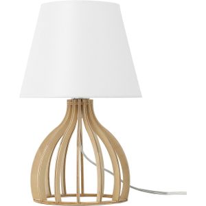 Tafellamp kleur houten basis met witte stoffen lampenkap moderne stijl