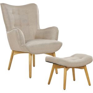Wingback fauteuil met voetenbank hocker beige stof polyester geknoopt retro stijl