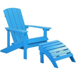 Tuinstoel met voetenbank blauw synthetisch hout adirondack stoel brede armleuningen tuinmeubels lounge terras tuin