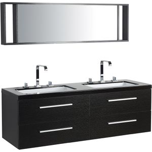 Badkamermeubel zwart/zilver MDF acryl zwevende ladekasten dubbele wasbak spiegel modern