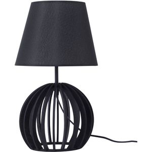 Tafellamp zwart hout 41 cm stoffen kap voet in vakwerk optiek landelijke stijl