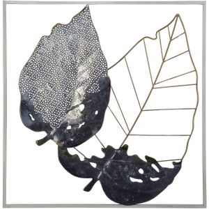 Wanddecoratie zwart/grijs/goud metalen bladeren combinatie 50 x 50 cm vierkant modern
