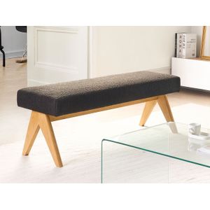 Bankje retro hal bank bouclé gestoffeerd houten poten zwart lichtbruin Tamre