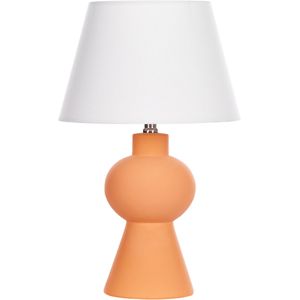 Tafellamp oranje keramieken voet linnen trommelvormige kap minimalistisch ontwerp