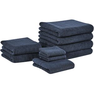 Set van 9 handdoeken Donkerblauw badstof katoen Chevronpatroon Textuur Badhanddoeken Gastendoekjes Handdoeken Badmat