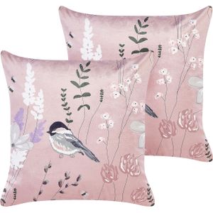 Set van 2 roze sierkussens polyester 45 x 45 cm bloemen dierenpatroon moderne traditionele woonkamer slaapkamer kussens