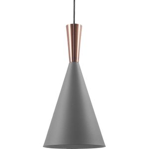 Hanglamp grijs met koperen lampenkap geometrische kegel modern minimalistisch ontwerp
