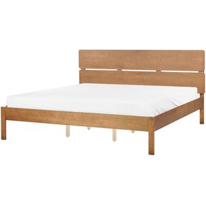 Bed lichthout rubberhout tweepersoons 180 x 200 cm met hoofdbord en lattenbodem minimalistisch rustiek