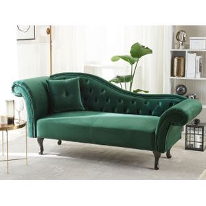 Chaise Loungue Vintage Chesterfield Donkergroen Fluweel Knop Getuft Linkszijdig Lattes