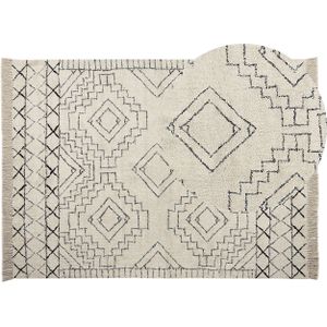 Katoenen vloerkleed beige zwart 140 x 200 cm azteek ontwerp patroon franjes laag polig modern
