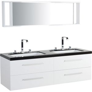 Badkamermeubel zwart/wit/zilver MDF acryl zwevende ladekasten dubbele wasbak spiegel modern