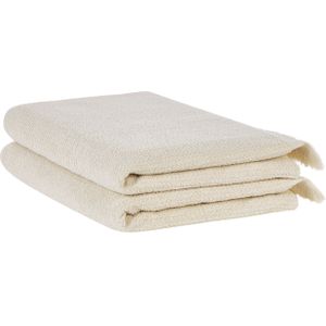 Set van 2 badlakens handdoeken beige badstof katoen polyester 100 x 150 cm kwastjes textuur badhanddoeken