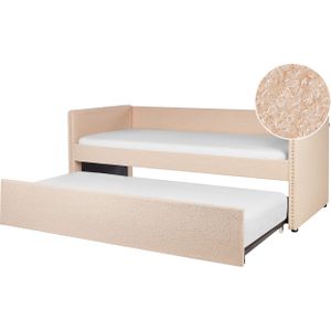 Bedbank onderschuifbed perzik bouclé stof eenpersoons 90 x 200 cm houten lattenbodem slaapbank glamour