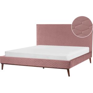 Tweepersoonsbed roze fluweel gestoffeerd bedframe 180 x 200 cm honinggraat hoofdbord modern ontwerp