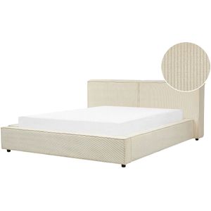 Tweepersoonsbed beige corduroy gestoffeerd 160 x 200 cm lattenbodem dik gevuld hoofdbord voetenbord