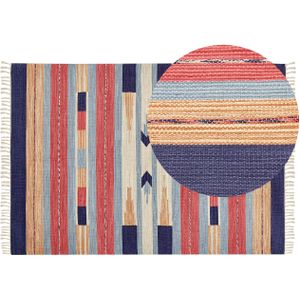 Kelim vloerkleed multicolour katoen 140 x 200 cm handgeweven omkeerbaar vlakgeweven geometrisch patroon met kwastjes traditioneel boho woonkamer slaapkamer